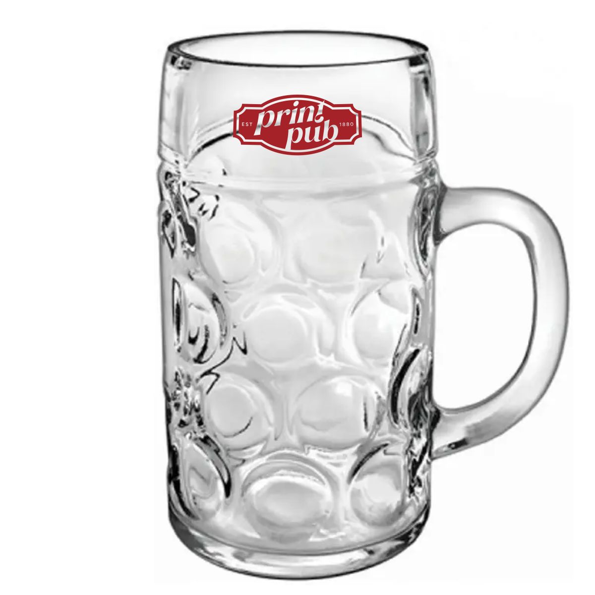 Don Bierkrug 100 cl bedruckt mit rotem PrintPub Logo in einer Farbe auf der Vorderseite des Glases.