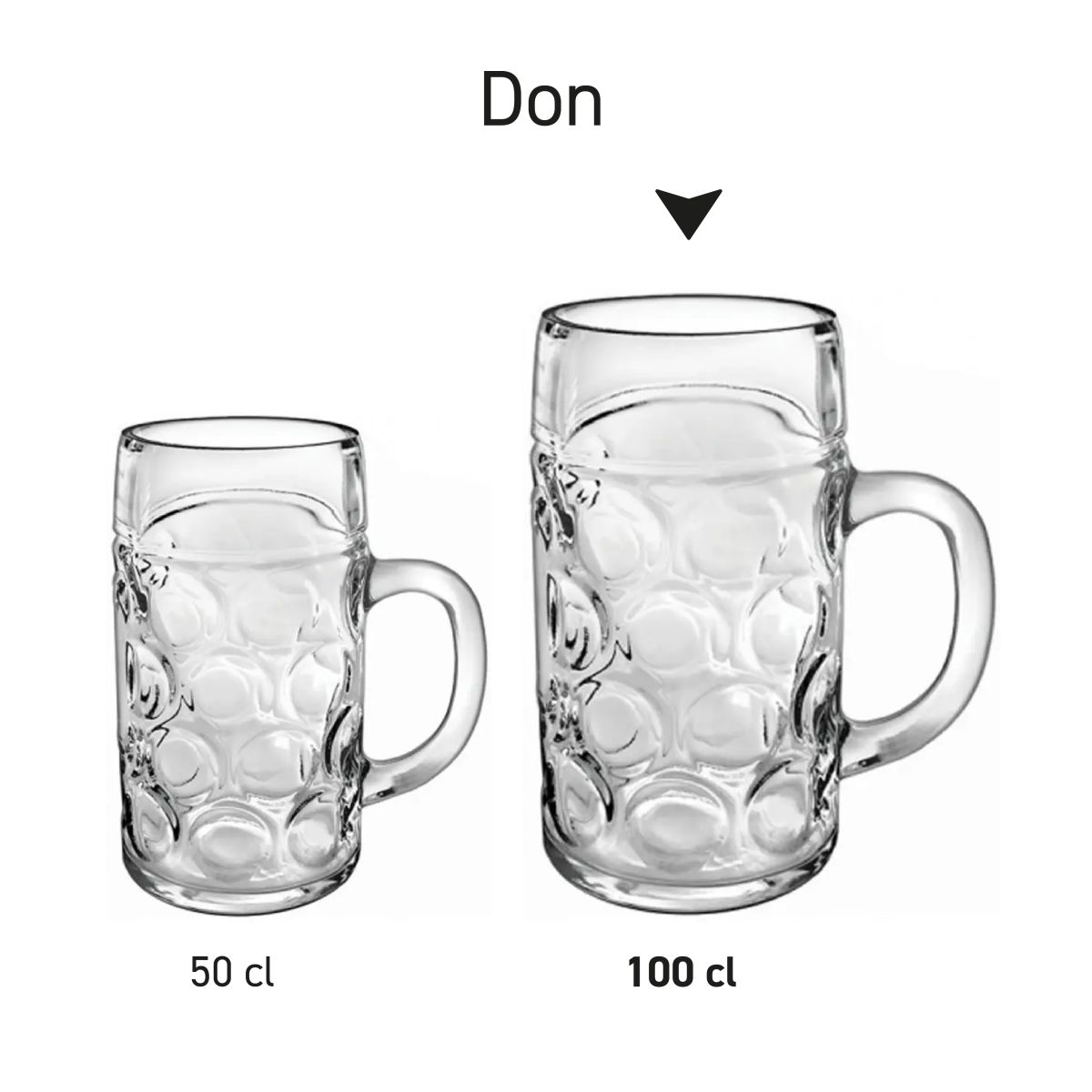 Serienbild von Don-Bierkrügen in ähnlicher Form mit unterschiedlichem Inhalt.
