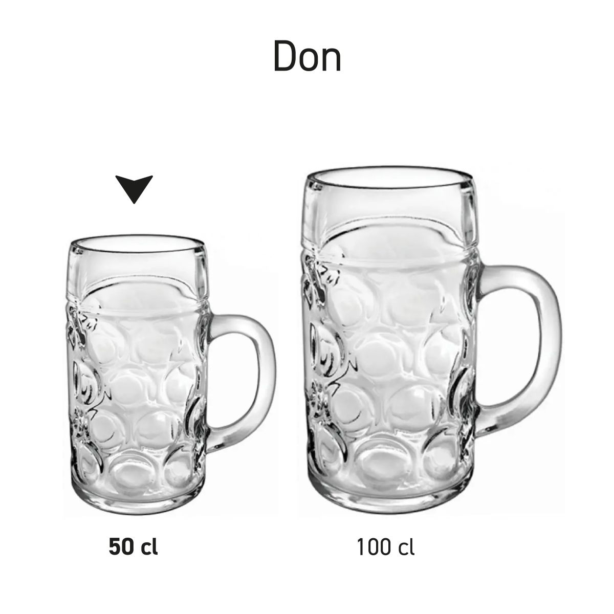 Serienbild von Don-Bierkrügen in ähnlichem Stil mit unterschiedlichem Inhalt.