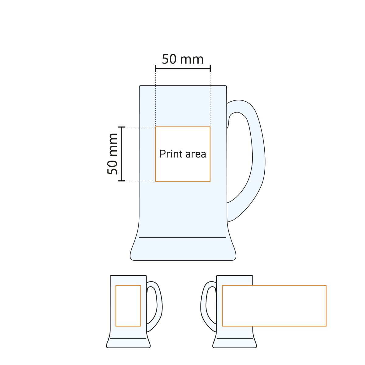 Technische Arbeitszeichnung des Druckbereichs auf dem Bierkrug Icon 50 cl. mit Zapfhahngröße.