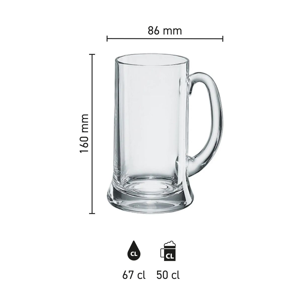 Infografik mit den Produktabmessungen des Icon Bierkruges 50 cl, einschließlich der Inhaltszeile.