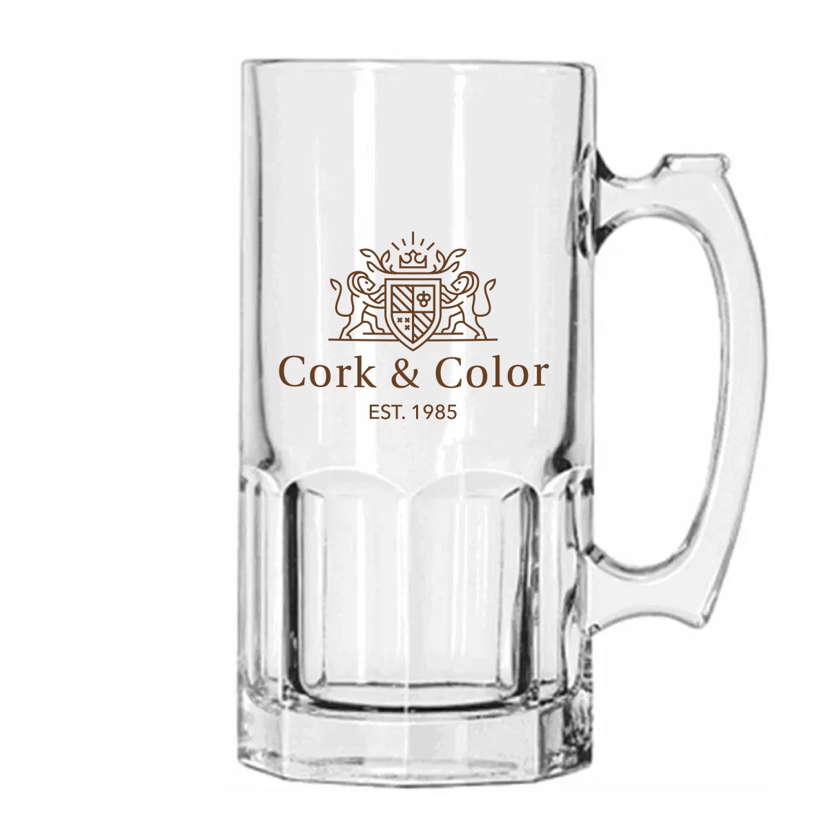 Einfarbiges CorkColor-Logo auf der Vorderseite des Bierkrug Libbey Bier 1 Liter