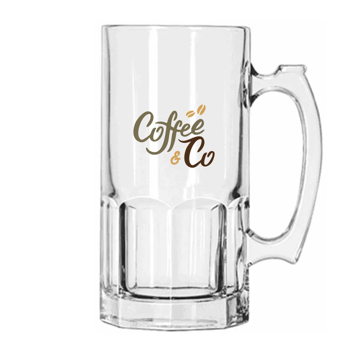 Bierkrug Libbey Bier 1 Liter mit mehrfarbigem CoffeeCo-Logo auf der Vorderseite.