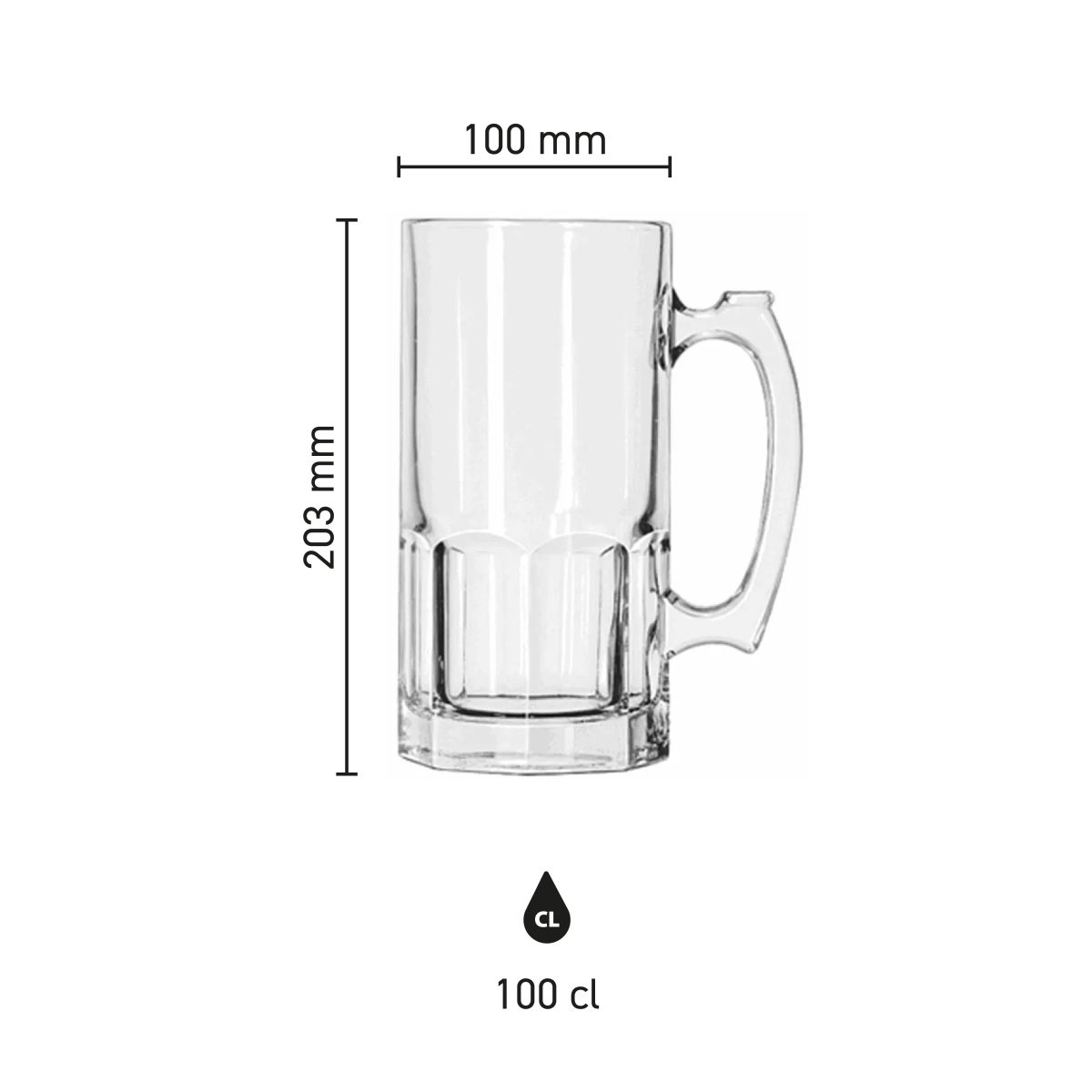 Infografik des Bierkrug Libbey Bier 1 Liter mit Abmessungen und Inhaltsangabe.