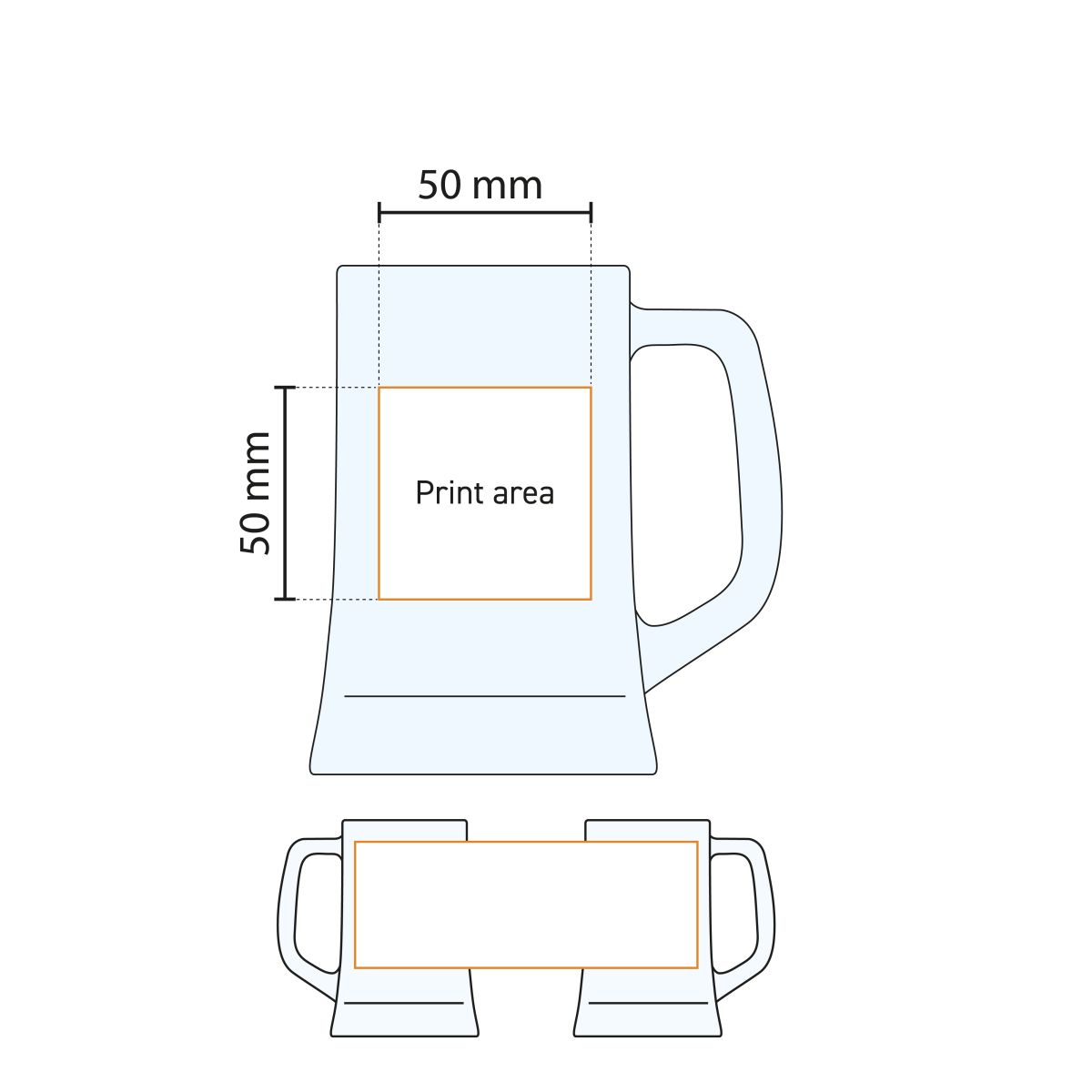Die Druckbereichszeichnung zeigt die genauen Druckbereiche auf dem Maxim 28 cl. Glas.