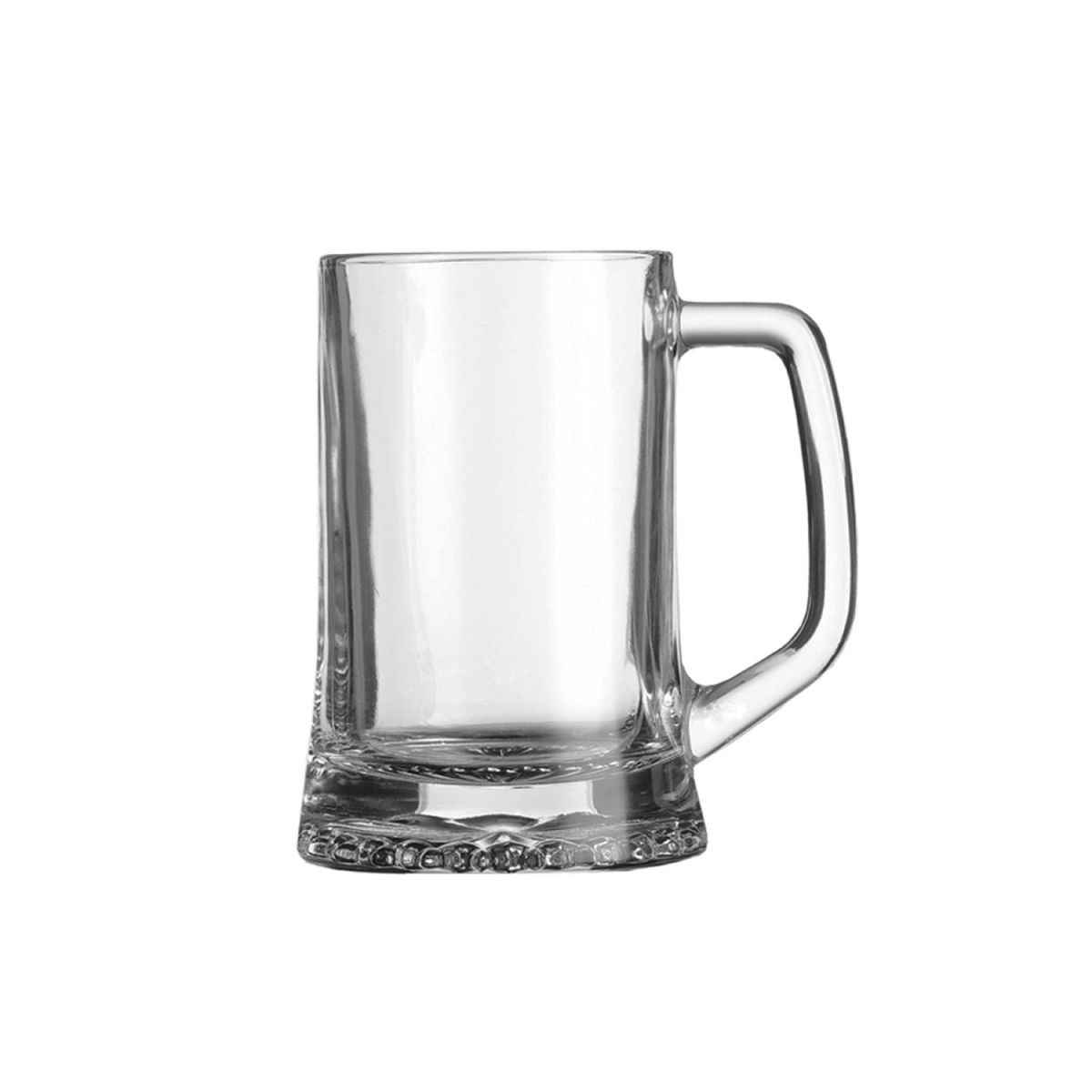 Vorderansicht des Maxim 28 cl. Glasbierkrug mit glatter Oberfläche und stabilem Griff. Vorderansicht des Maxim 28 cl. Glasbierkrug mit glatter Oberfläche und stabilem Griff.