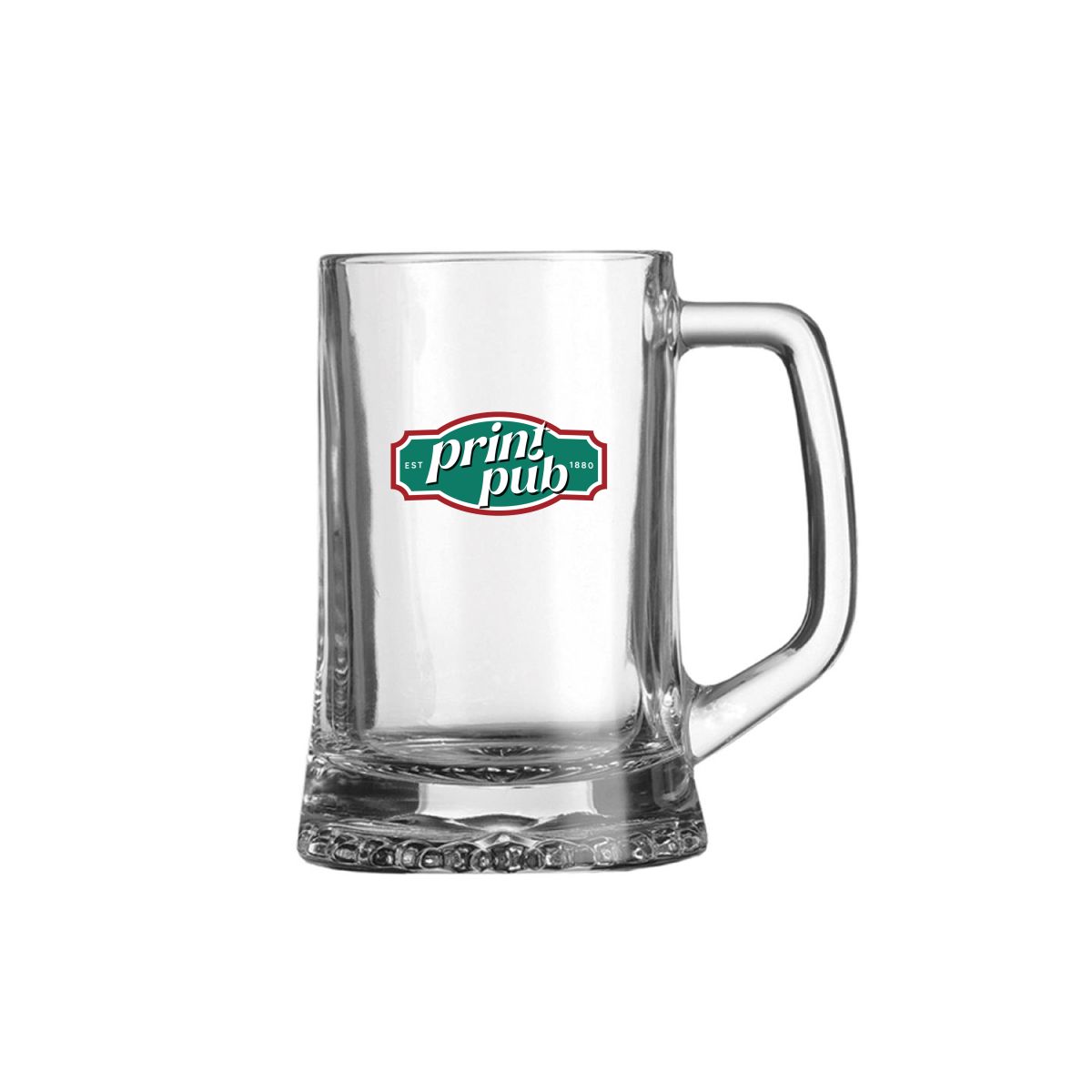 Bierkrug Maxim 28 cl. Glas mit buntem PrintPub-Logo in 3 Farben auf der Vorderseite bedruckt.