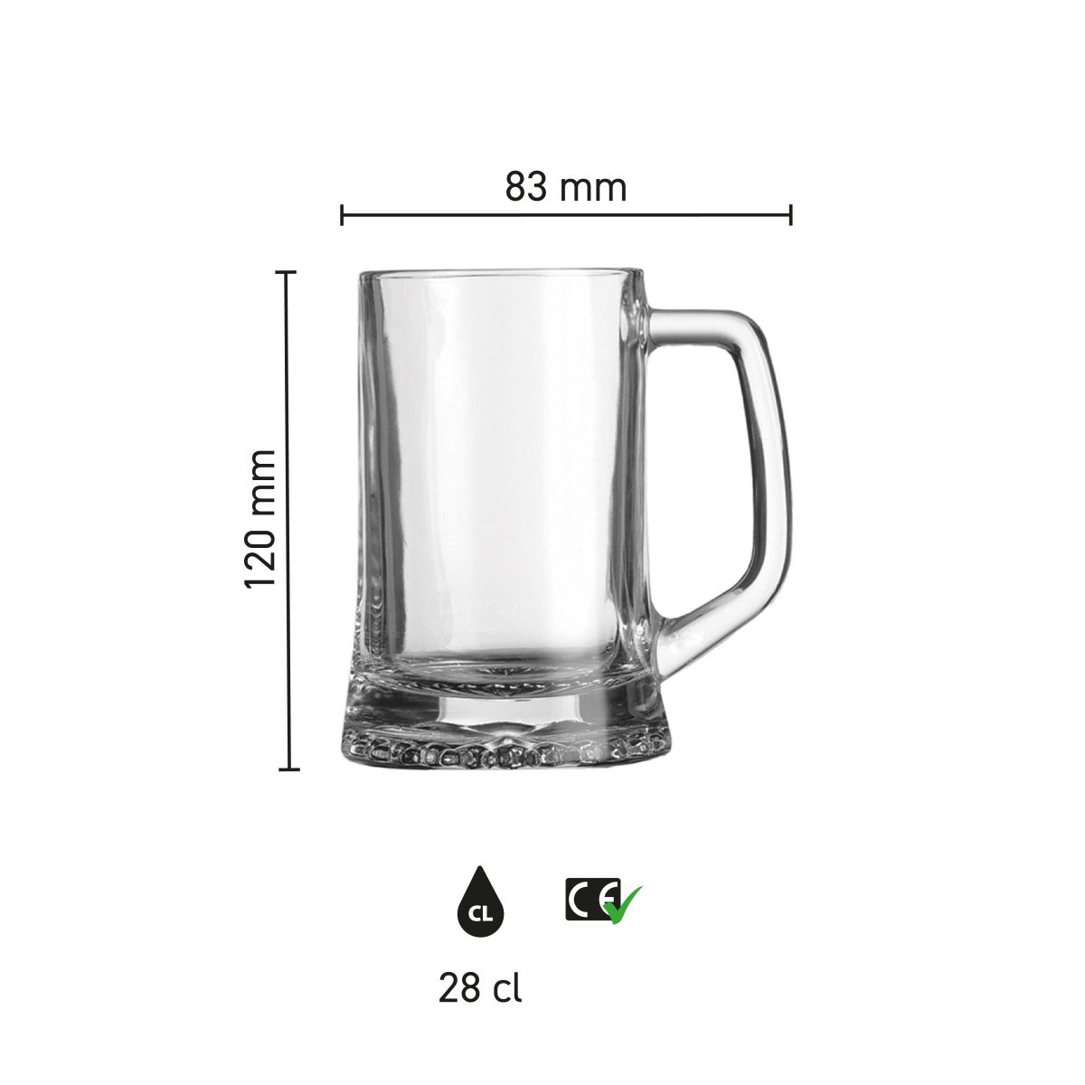 Übersicht mit Höhe, Durchmesser und Fassungsvermögen des Maxim 28 cl. Bierkruges.