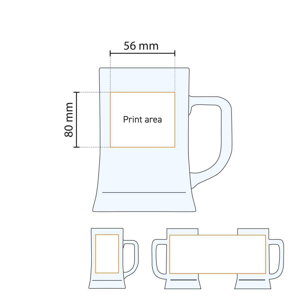 Technische Arbeitszeichnung des Bierkrugs Maxim 68 cl mit Angabe der Druckfläche für den Druck.