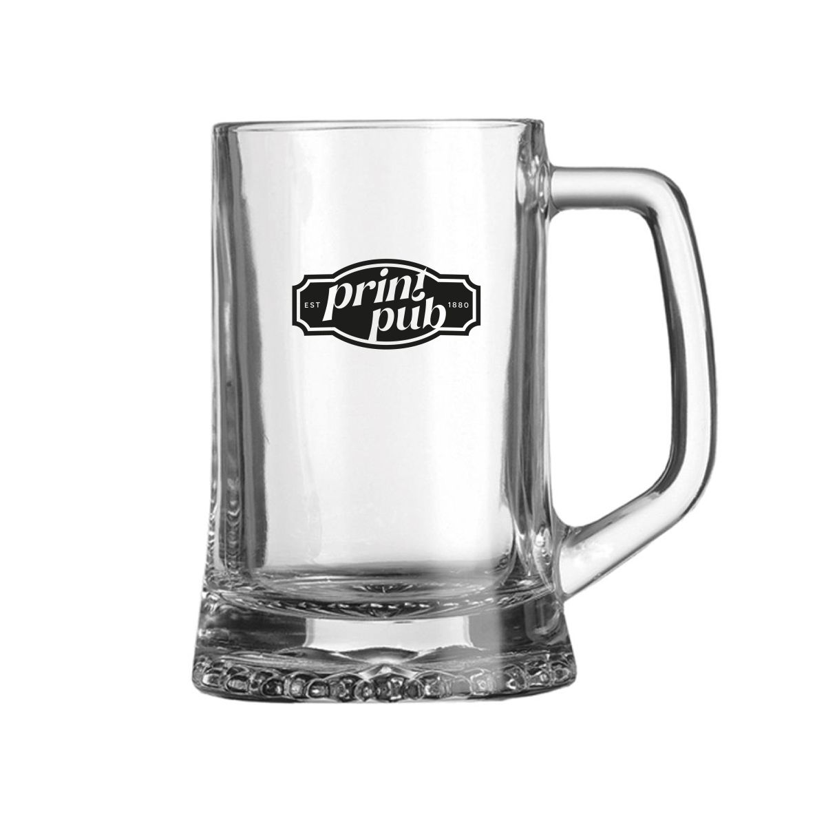 Bierkrug Maxim 68 cl mit schwarzem PrintPub-Logo auf der Vorderseite, einfarbig bedruckt.