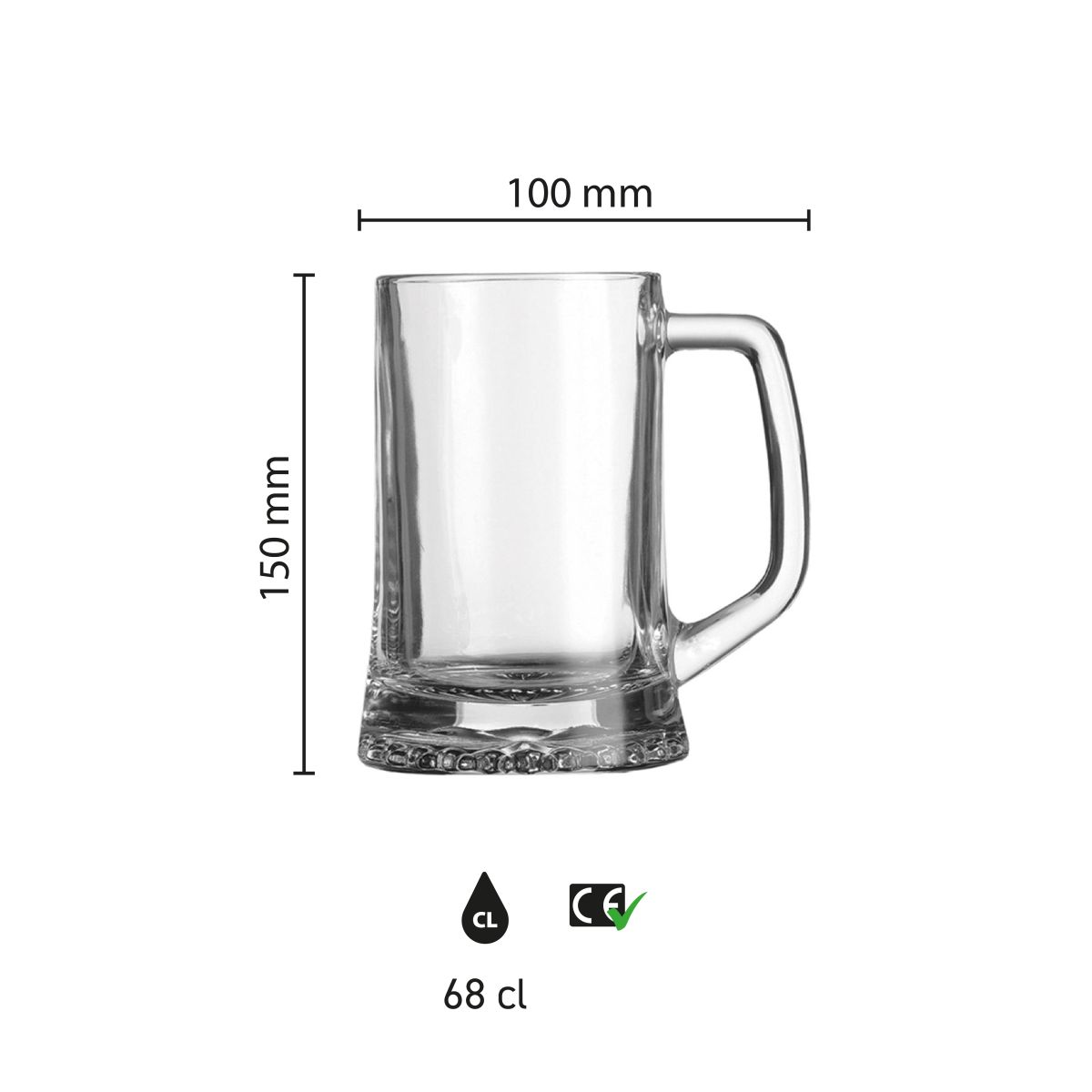 Infografik mit den genauen Produktabmessungen von Bierkrug Maxim 68 cl. Glas, einschließlich Höhe und Durchmesser.