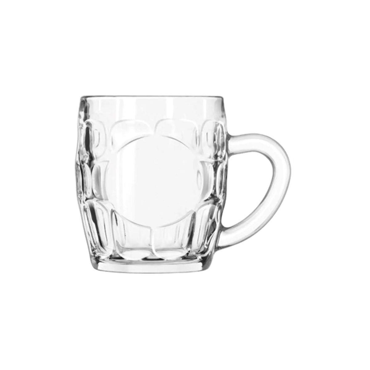 Frontalansicht eines Bierkruges Oktober 29 cl. Hergestellt aus Glas mit klassisch geformtem Henkel.