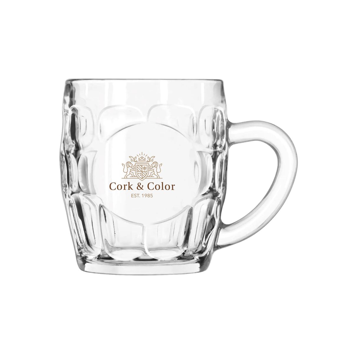 Mehrfarbiger Druck des CorkColor-Logos auf der Vorderseite des Bierkrugs 55 cl.
