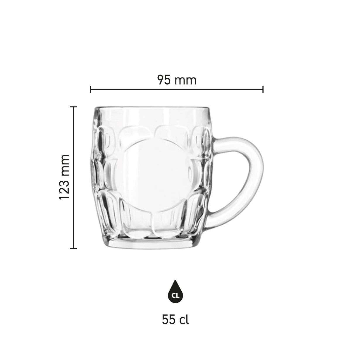 Infografik mit Höhe, Durchmesser und Fassungsvermögen des Bierkrugs Oktober 55 cl aus Glas.