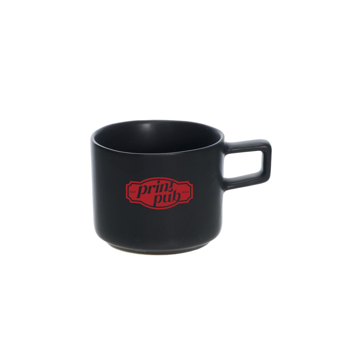 Porzellan-Espressotasse 9 cl mit rotem PrintPub-Logo, das einfarbig auf die Vorderseite gedruckt ist.
