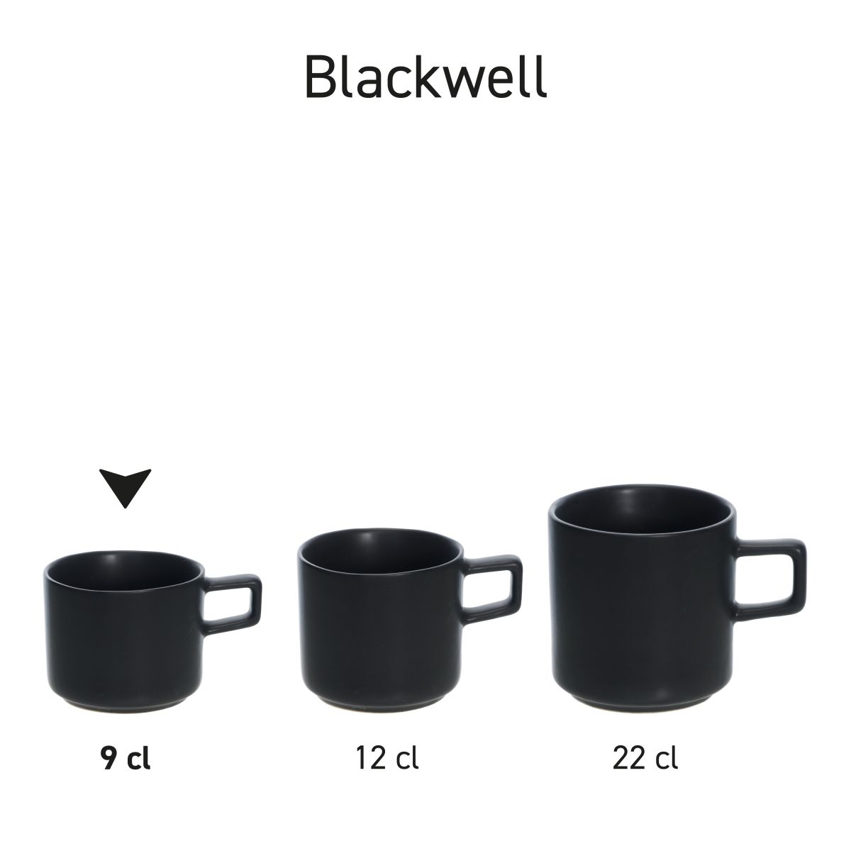 Set von Blackwell Espressotassen aus Porzellan, die als Produktserie nebeneinander gestellt werden.