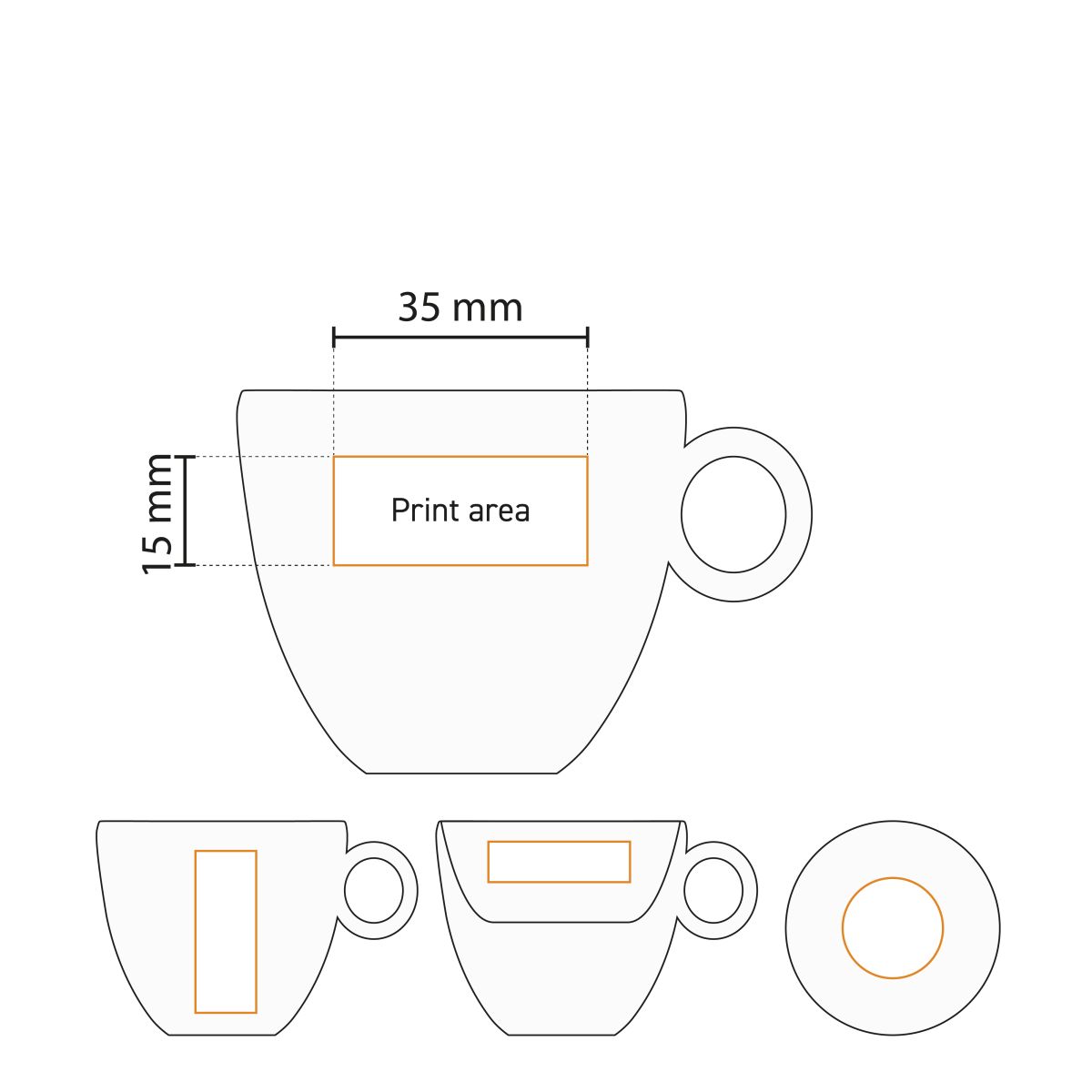 Technische Arbeitszeichnung mit Druckfläche auf der Vorderseite der Espressotasse Bola 8 cl aus weißem Porzellan.