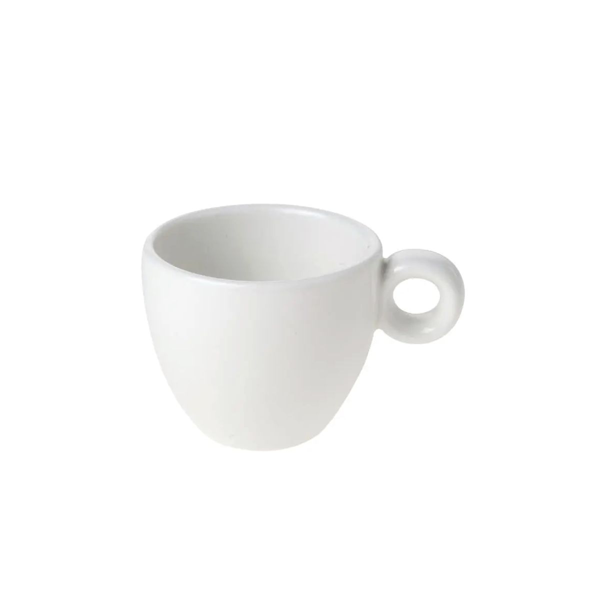 Vorderansicht der Bola Espressotasse 8 cl aus weißem Porzellan mit runder Form und glatter Oberfläche.