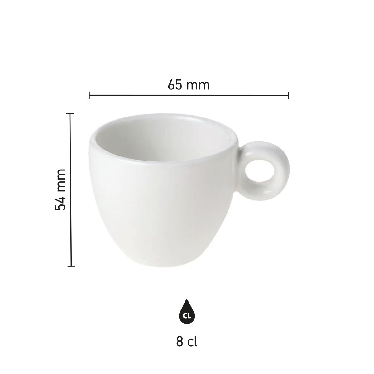 Die Infografik zeigt die genauen Abmessungen der Bola Espressotasse 8 cl Porzellan, einschließlich Höhe und Durchmesser.