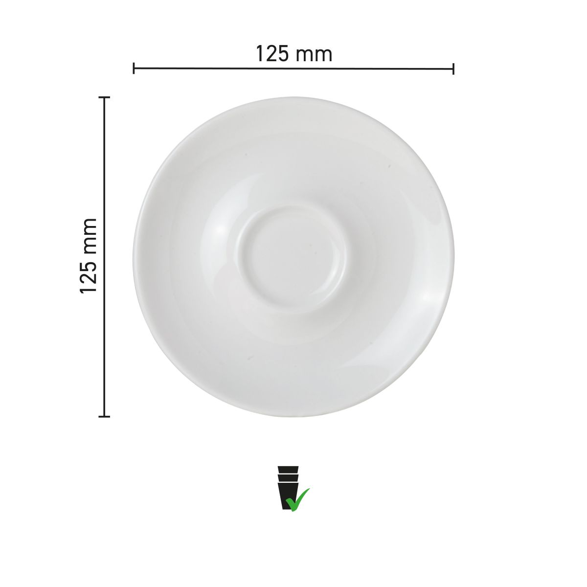 Infografik mit den Produktabmessungen von Bola Espressountertasse 12,5 cm, mit Durchmesser und Höhe.