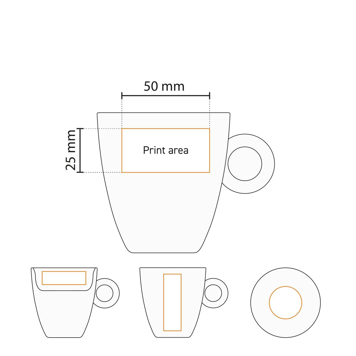 Druckfläche auf der Arbeitszeichnung der Bola Kaffeetasse hoch weiß 19 cl. Porzellan zur Personalisierung.