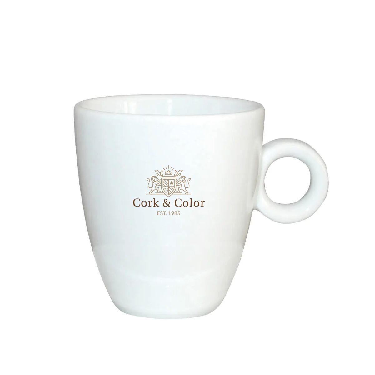 Vorderseite der Porzellan-Kaffeetasse 19 cl. mit mehrfarbig gedrucktem CorkColor-Logo.