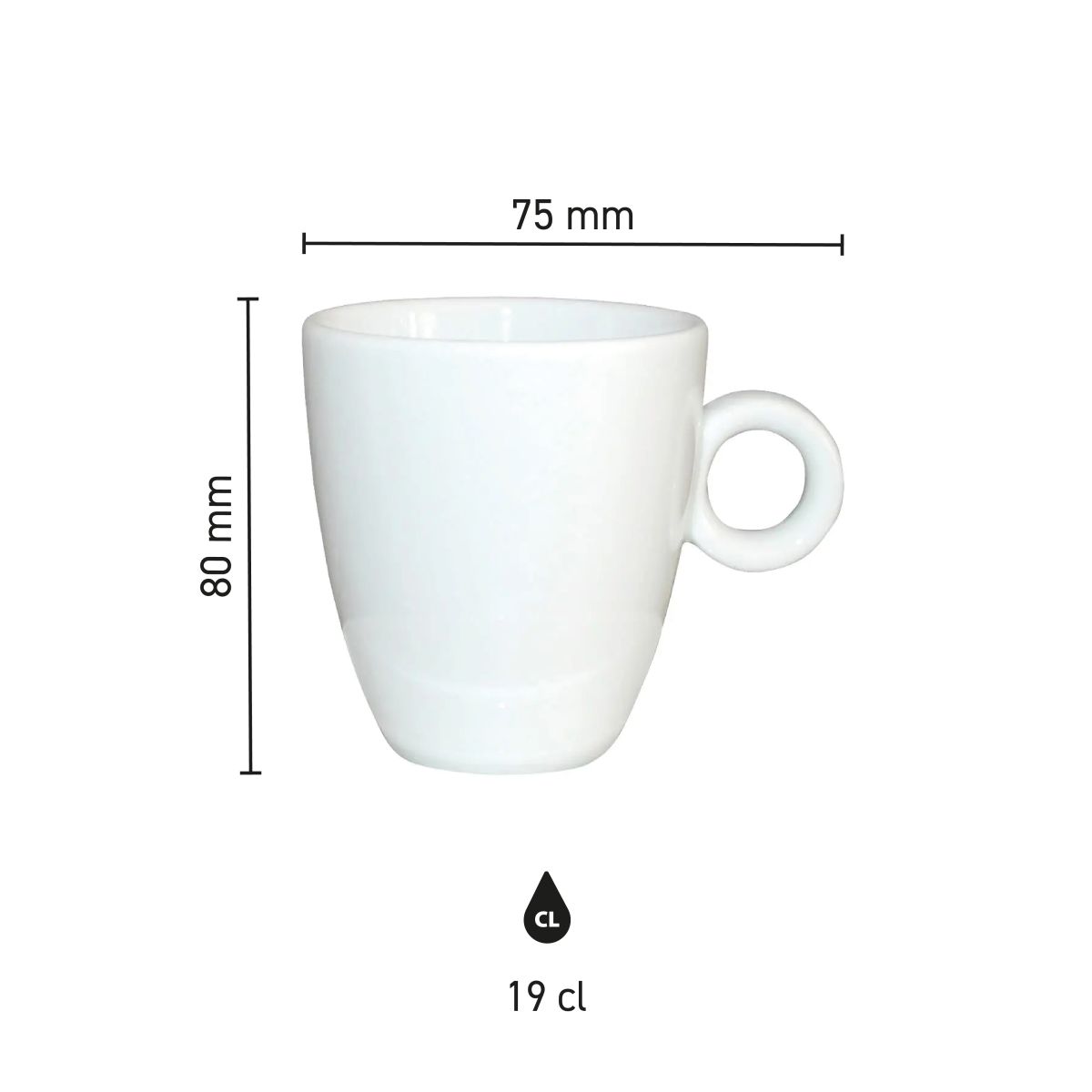 Detaillierte Produktabmessungen von Bola Kaffeetasse 19 cl. Porzellan in übersichtlicher Infografik.