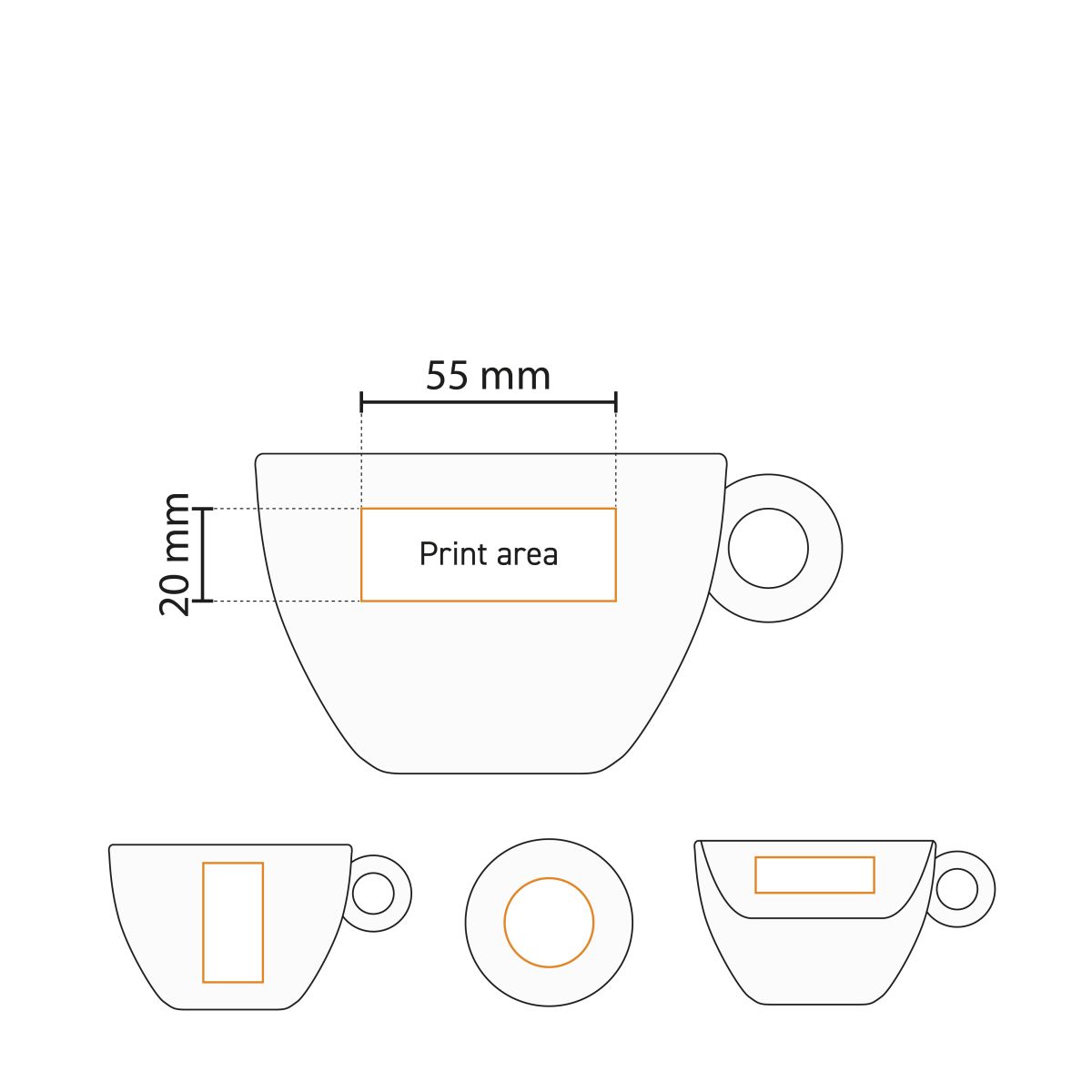 Technische Arbeitszeichnung mit Druckfläche der Bola Milchaffee-Latte Tasse 28 cl. weißes Porzellan.