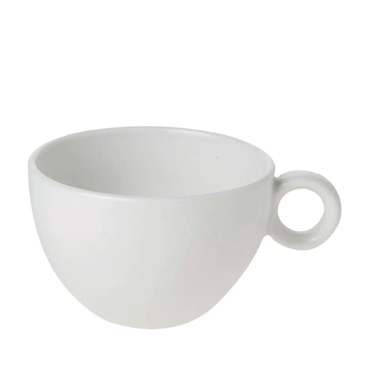 Vorderansicht der Bola Milchaffee-Latte Tasse 28 cl. aus weißem Porzellan mit kugelförmigem Design.