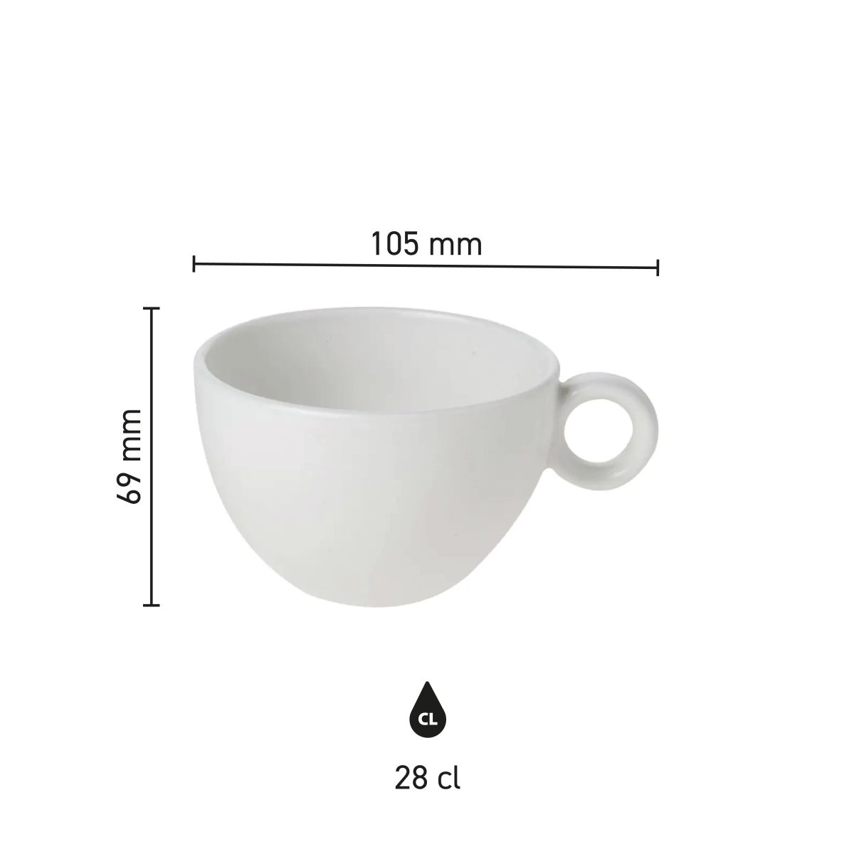 Infografik mit den Produktabmessungen der Bola Milchaffee-Latte Tasse 28 cl. Porzellan.
