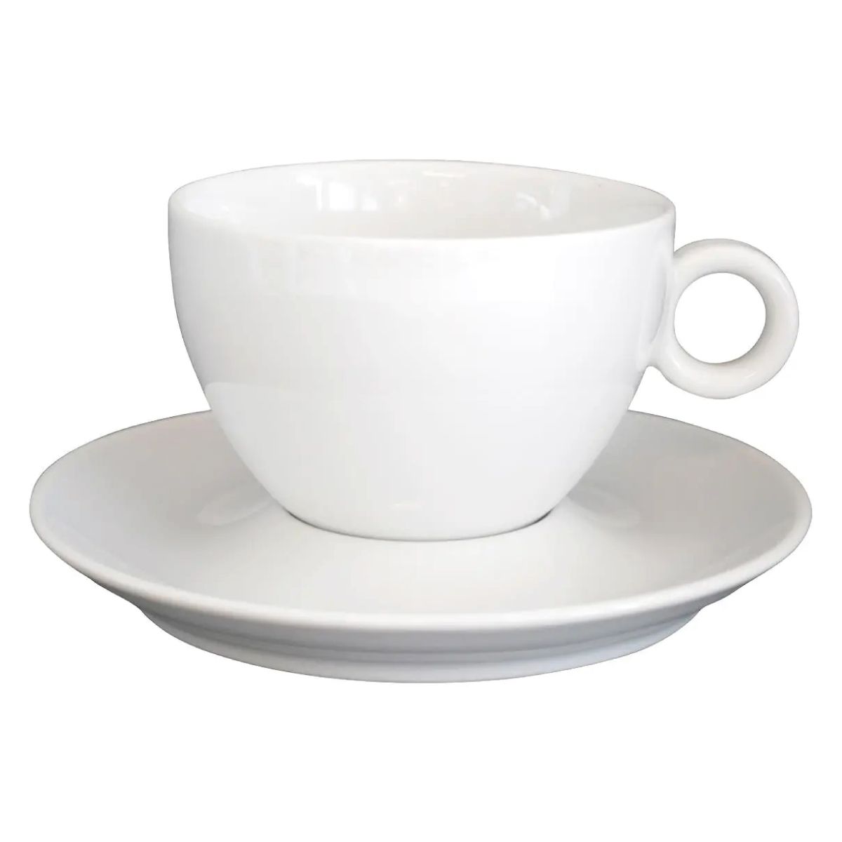 Vorderansicht von Bola Milchkaffeetassen weiß 28 cl. Set, mit konvexer Form. Vorderansicht von Bola Milchkaffeetassen weiß 28 cl. Set, mit konvexer Form.