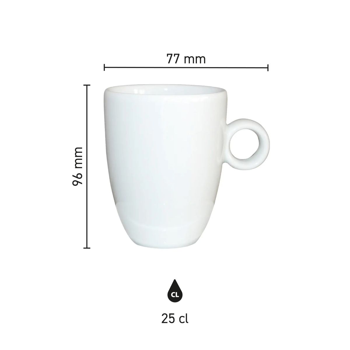 Infografik des Porzellanbechers Bola 25 cl. mit Abmessungen.