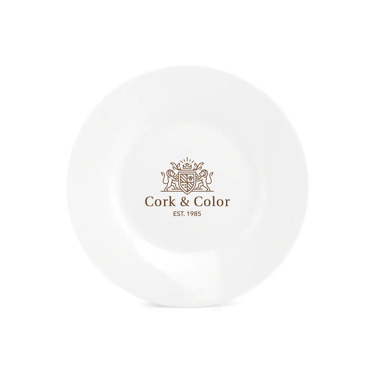 Teller Basic linie 15 cm aus Porzellan mit einfarbigem CorkColor-Logo mittig auf der Vorderseite.