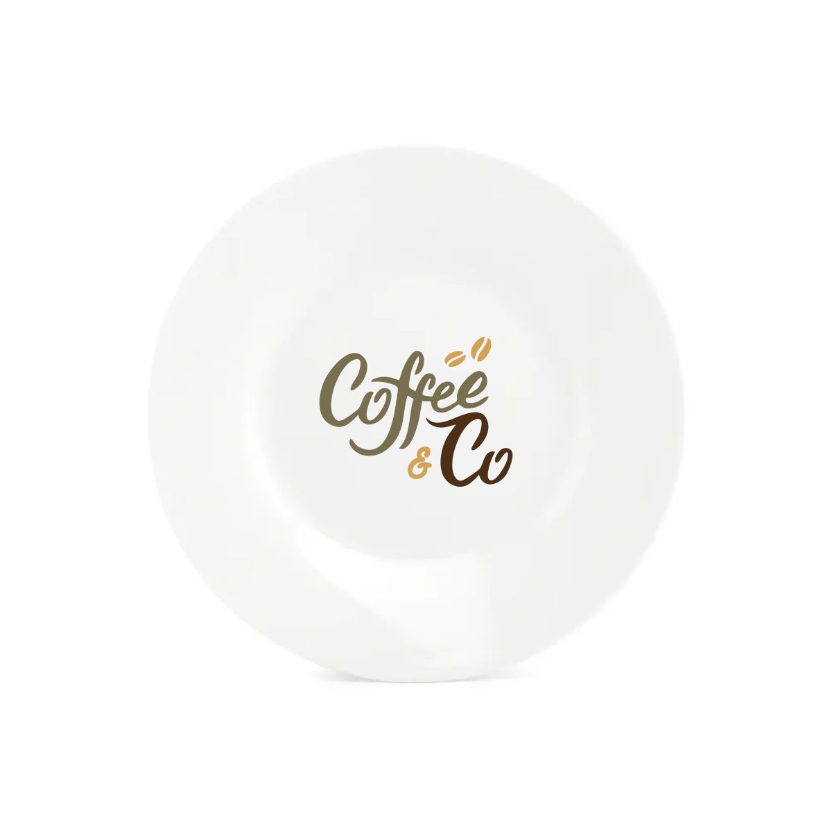 Teller Basic linie 15 cm mit mehrfarbigem CoffeeCo-Logo auf der Vorderseite.