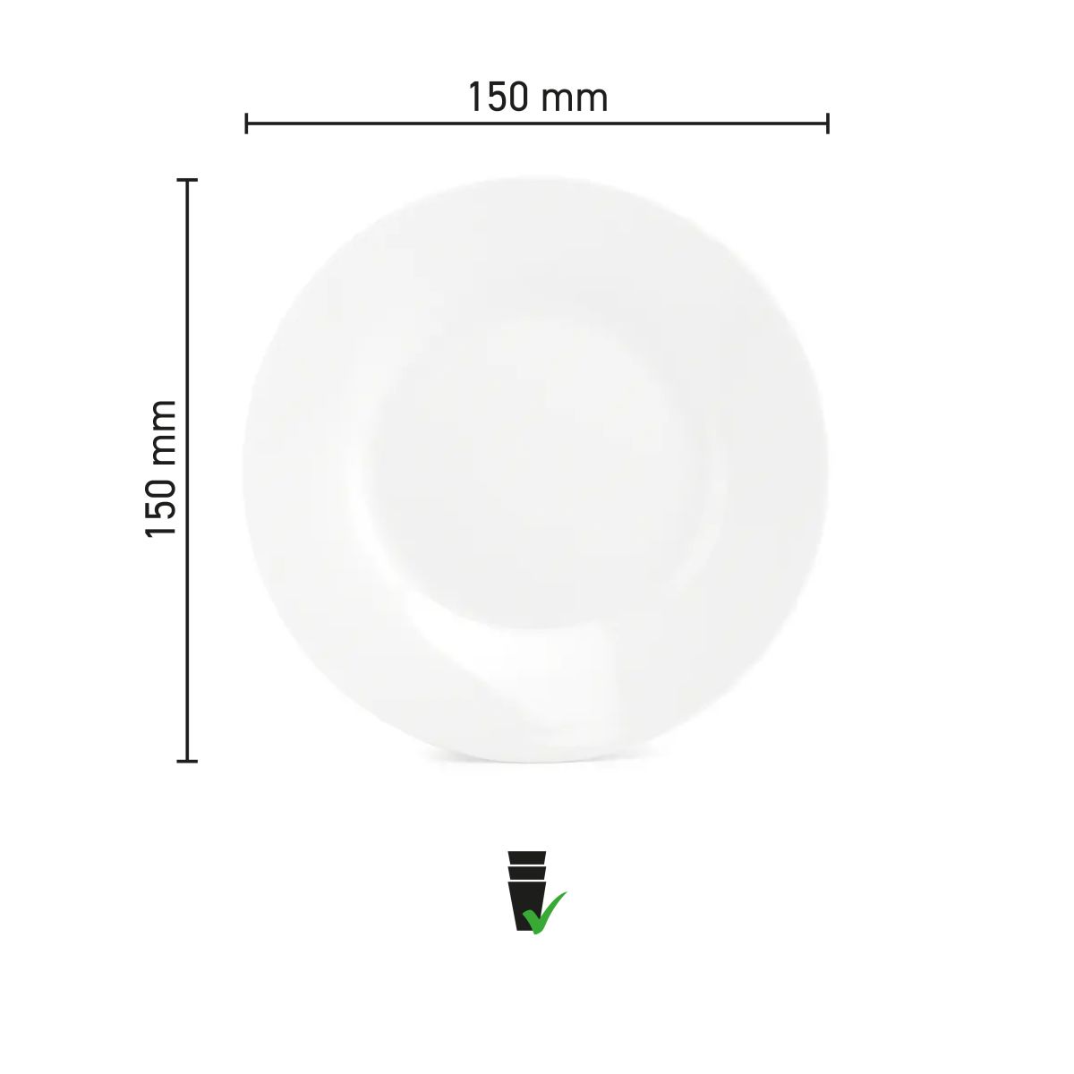 Die Infografik zeigt den Durchmesser und die Randhöhe des Porzellantellers Basic 15 cm.