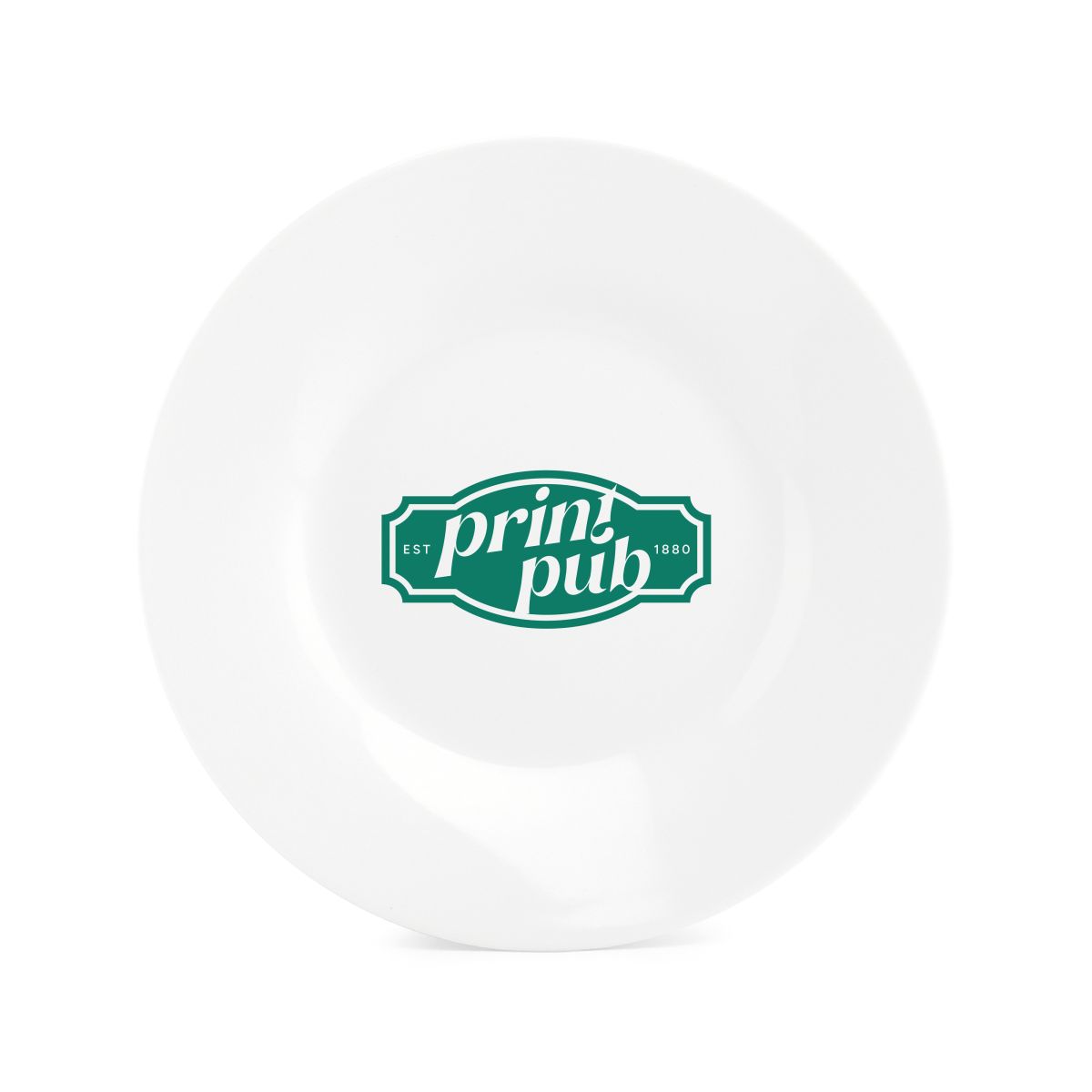 Basisteller 20 cm aus Porzellan mit einfarbigem PrintPub-Logo, das mittig auf der Oberfläche angebracht ist.