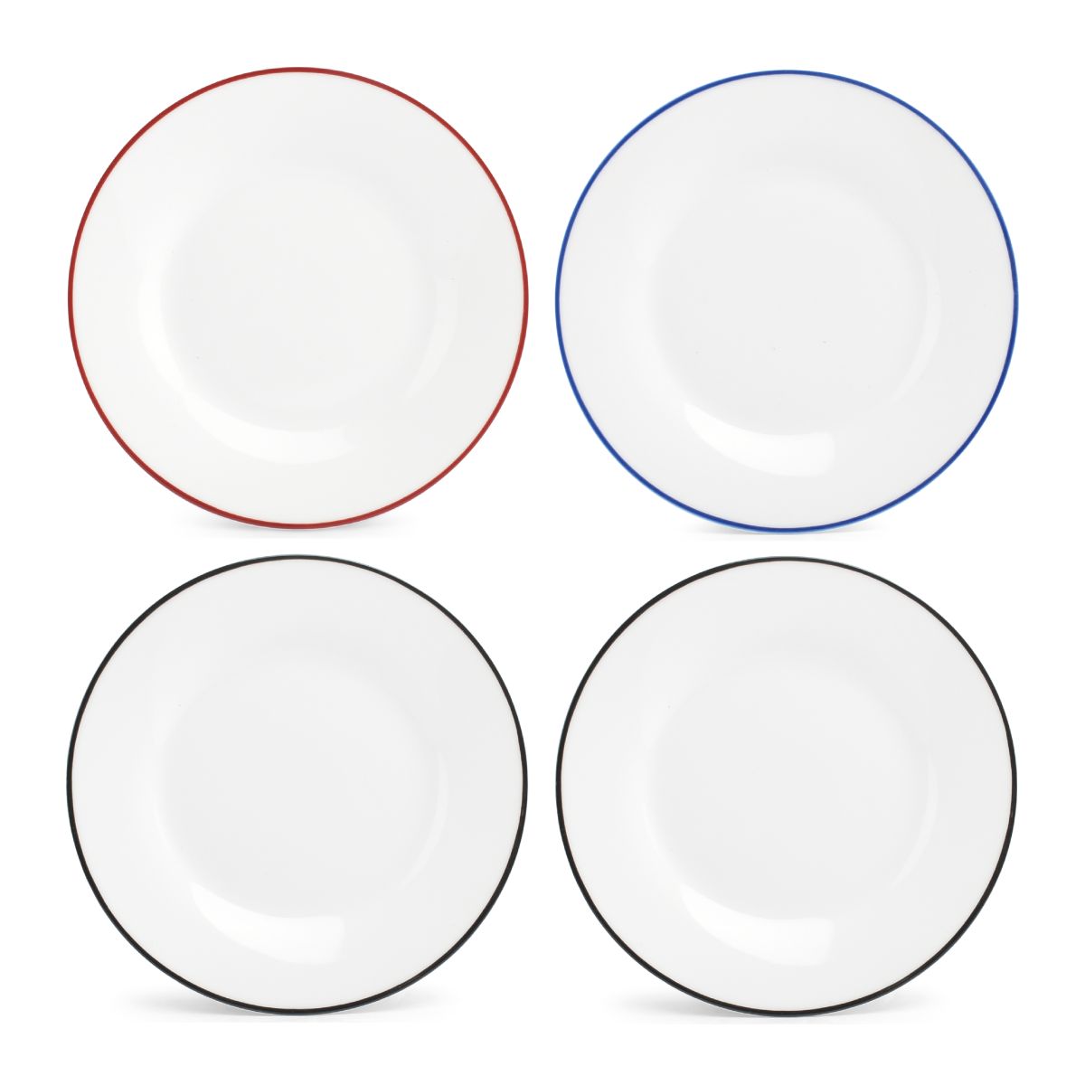 Visuelle Übersicht der verfügbaren Farben für den Teller Basic line 27 cm Porzellan, nebeneinander dargestellt.