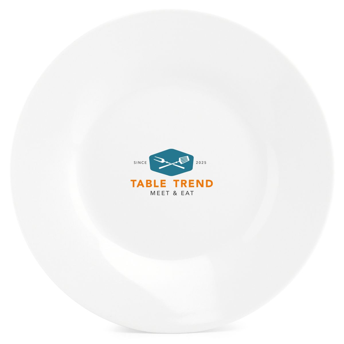 Teller Basic linie 27 cm aus Porzellan mit mehrfarbigem TableTrend-Logo.