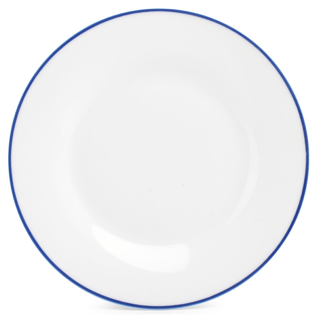 Teller Basic linie 27 cm aus der Basic-Linie mit blauem Rand, weiß und symmetrisch von vorne gesehen.