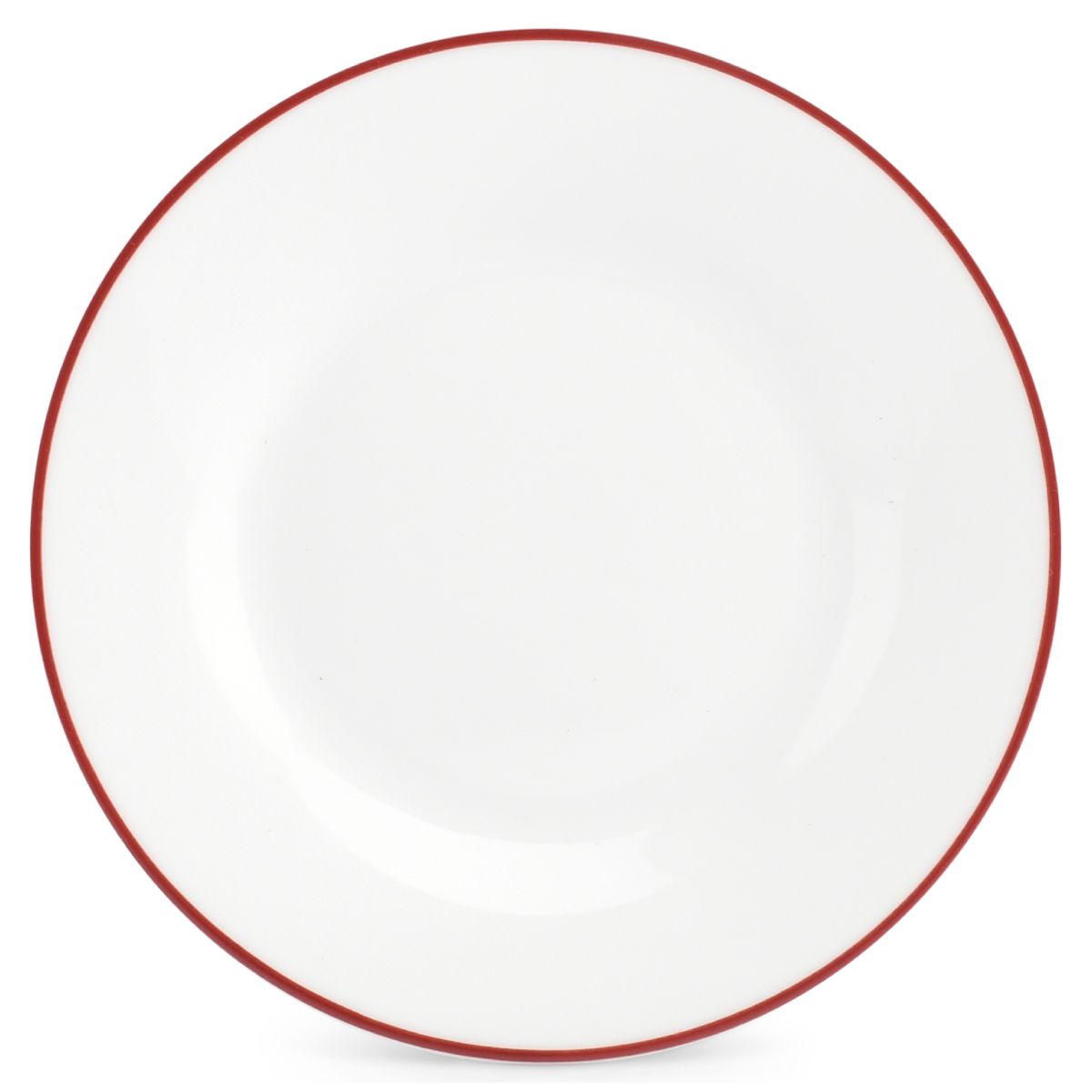 Teller Basic linie 27 cm aus der Linie Basic mit rotem Rand, weiß und symmetrisch von vorne gesehen.