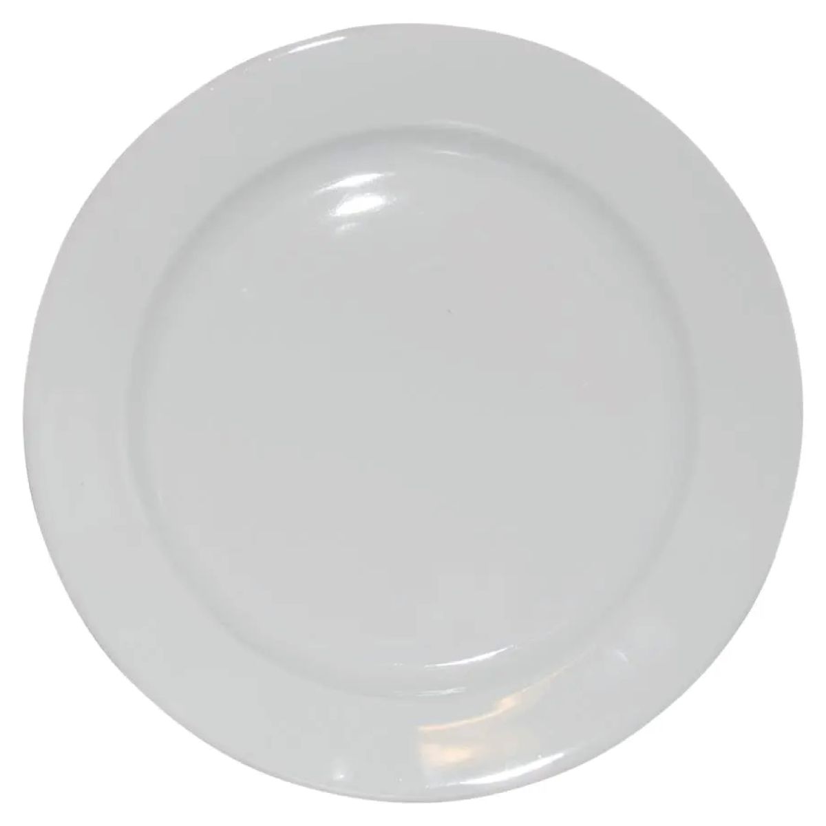 Frontalansicht eines großen Porzellantellers (30,5 cm) mit weißer Oberfläche und breitem Rand. Frontalansicht eines großen Porzellantellers (30,5 cm) mit weißer Oberfläche und breitem Rand.