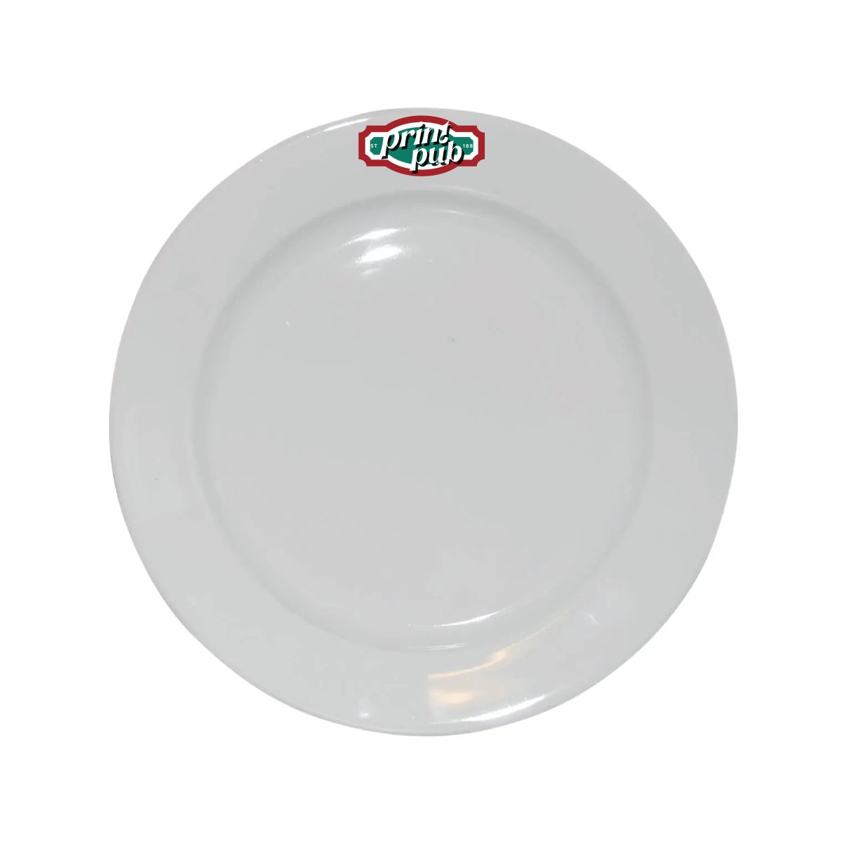 Vorderseite des Porzellantellers mit breitem Rand von 23 cm, bedruckt mit dem PrintPub-Logo in 4 Farben.