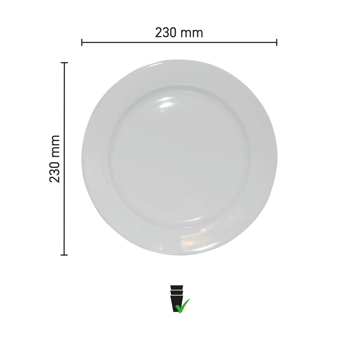 Die Infografik zeigt die Abmessungen eines tiefen Tellers aus weißem Porzellan mit einem breiten Rand von 23 cm.