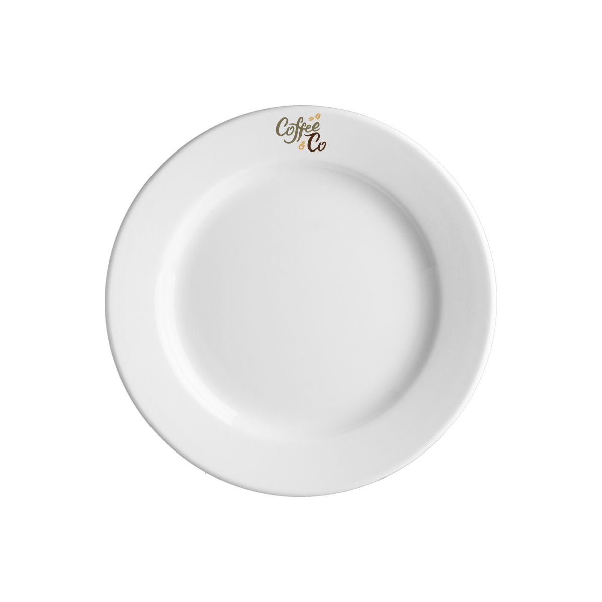 Vorderansicht des Teller Princip 17 cm Porzellan mit mehrfarbigem CoffeeCo-Logo in der Mitte gedruckt.