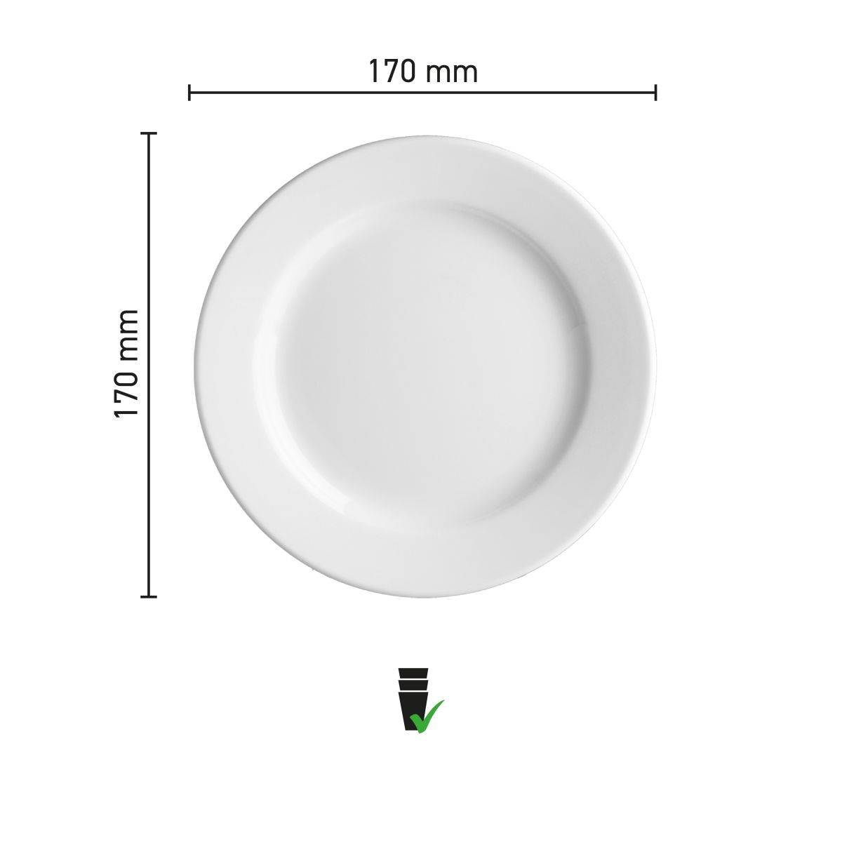 Infografik mit den Abmessungen des Porzellantellers Princip 17 cm, einschließlich Durchmesser und Höhe.