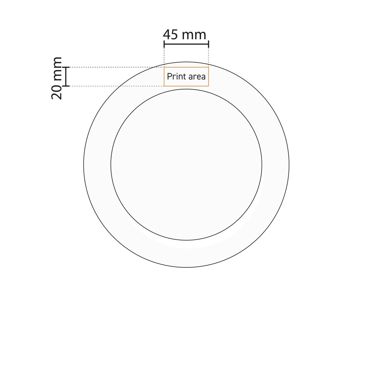 Technische Arbeitszeichnung des Porzellantellers Princip 17 cm mit markierter Druckfläche für das Logo.