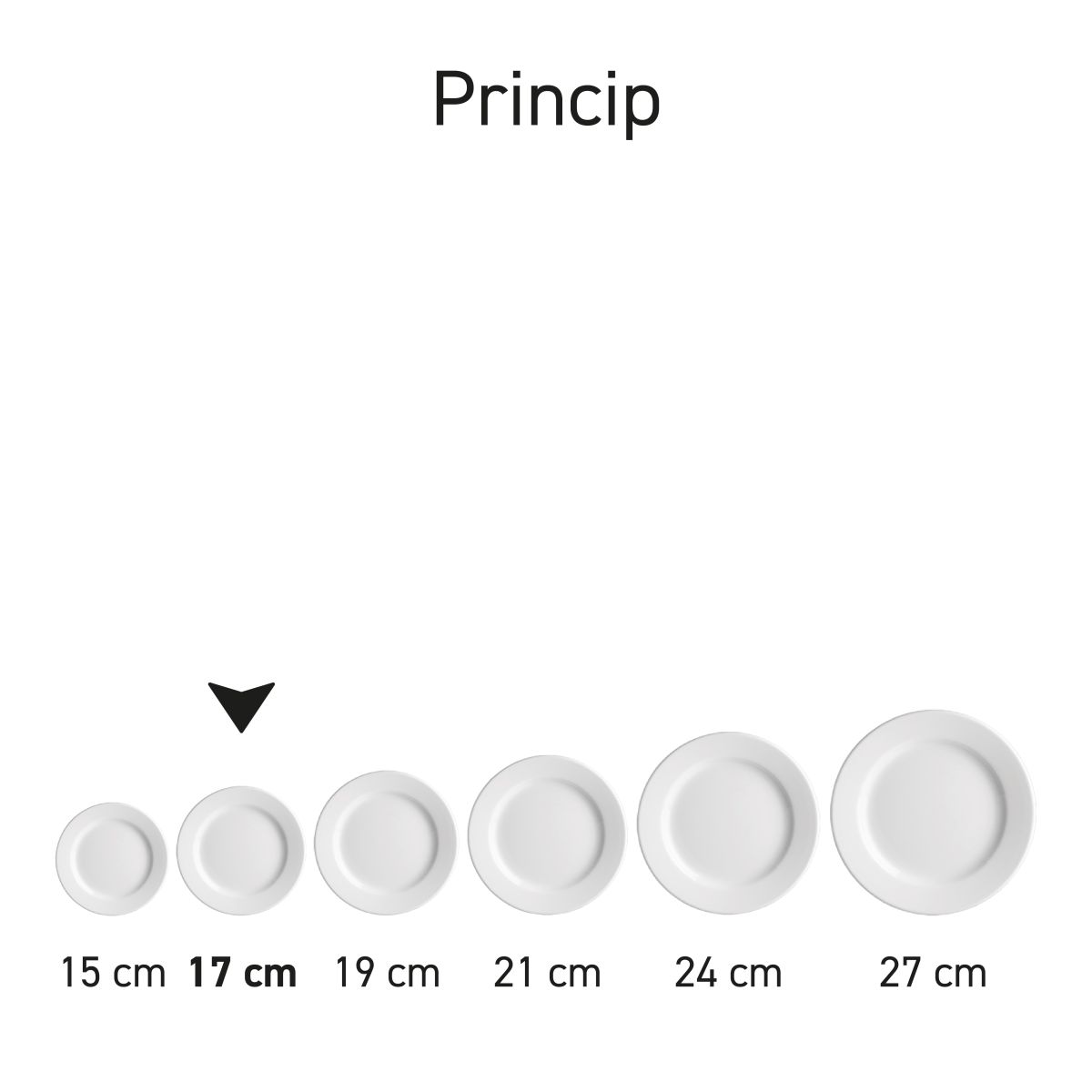 Übersicht über mehrere identische Teller Princip Porzellan in verschiedenen Größen als Teil der Serie Princip.