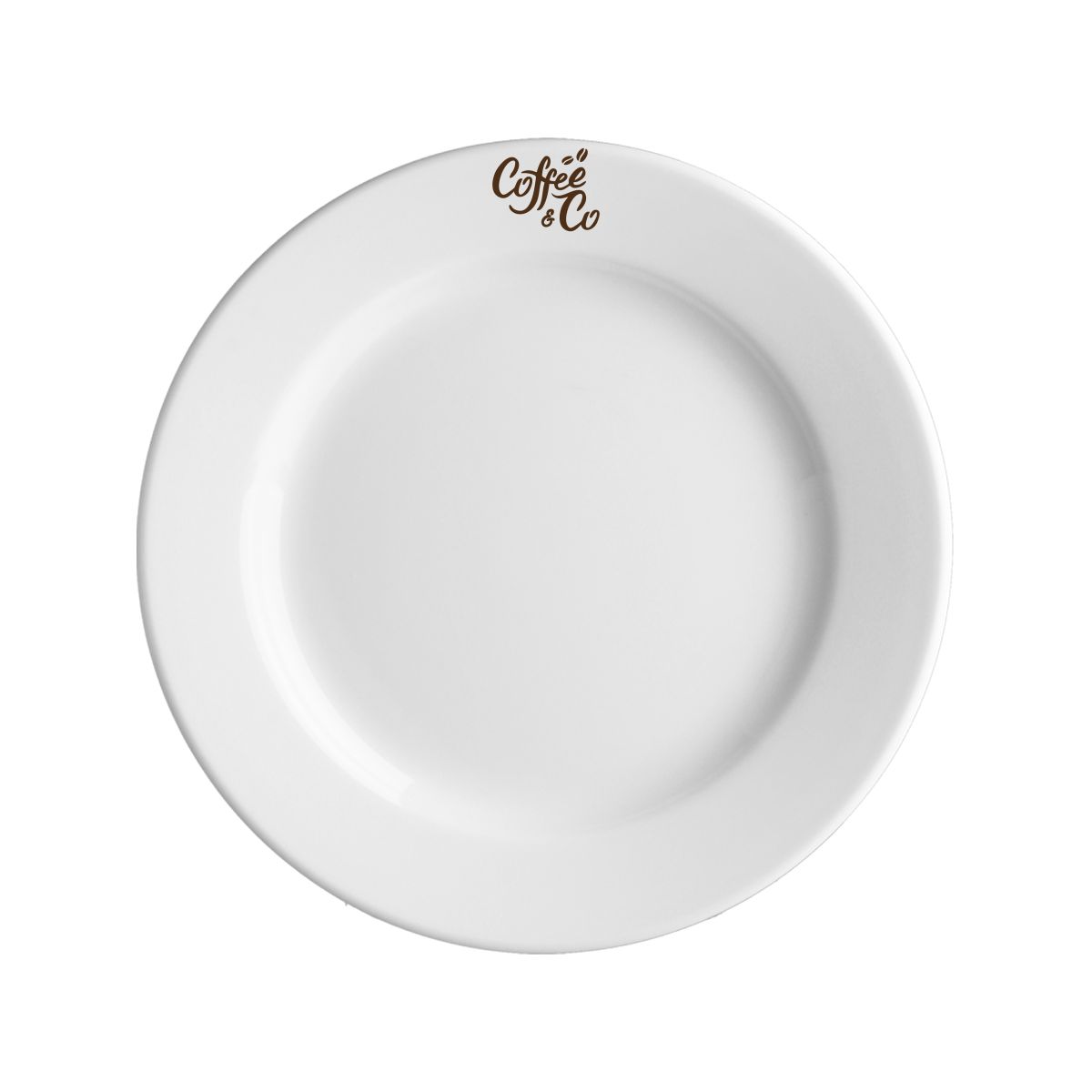 Teller Princip 19 cm mit einfarbigem Druck des CoffeeCo-Logos auf der Oberseite.