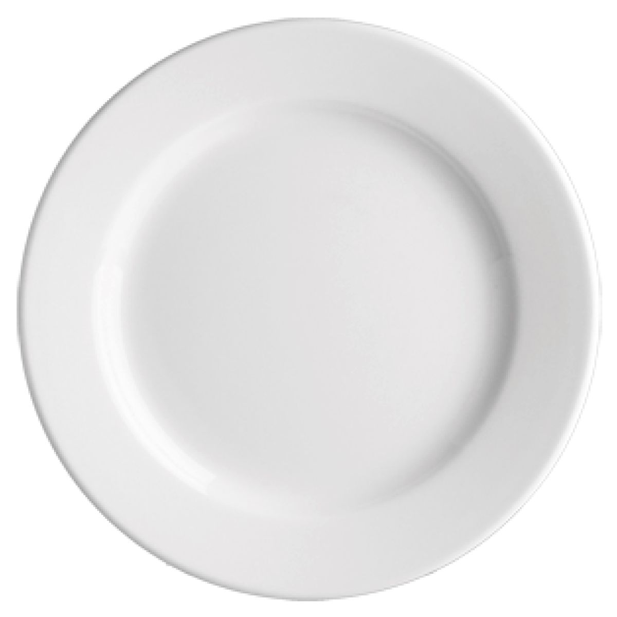 Vorderansicht des Tellers Princip 28 cm aus weißem Porzellan mit glatter Oberfläche und schmalem Rand. Vorderansicht des Tellers Princip 28 cm aus weißem Porzellan mit glatter Oberfläche und schmalem Rand.