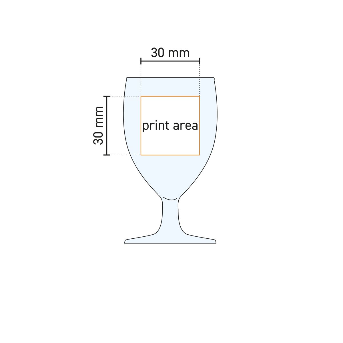 Technische Arbeitszeichnung mit Druckfläche auf Gilde shot glass 3.5 cl, Angabe der Druckfläche.